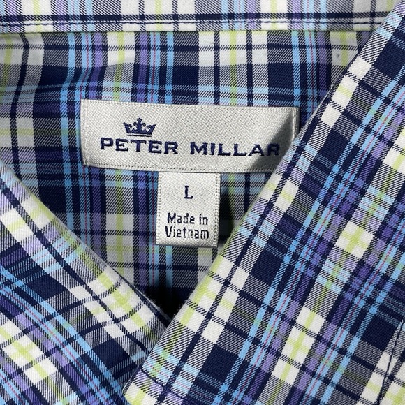Peter Millar Button Down Shirt Mens Large L Blue White Plaid Long Sleeve Stretch - Picture 4 of 8